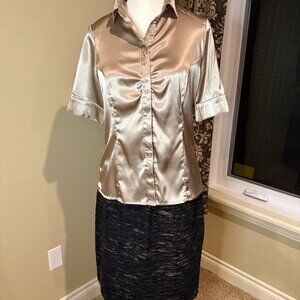 Reitman's blouse gold satin ruching along buttons button up top women's size S